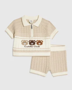 Baby Boys Beige 3D Bear Polo Shirt Set