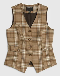 Beige Checked Cinched Waist Waistcoat