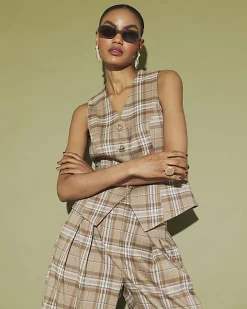 Beige Checked Cinched Waist Waistcoat