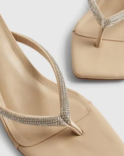 Beige Diamante Toe Thong Heeled Sandals