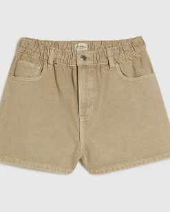 Beige Elasticated A Line Denim Shorts