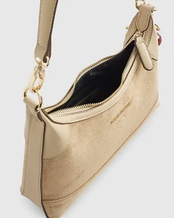 Beige Faux Suede Cherry Charm Shoulder Bag