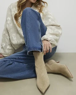 Beige Faux Suede Pointed Toe Sock Boots