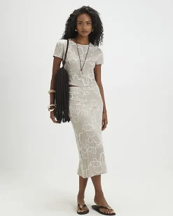 Beige Floral Embroidered Midi Skirt