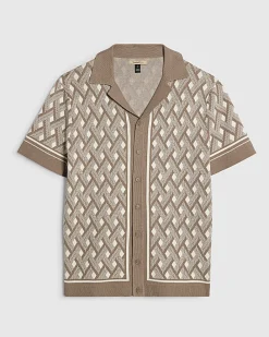 Beige Geometric Knitted Short Sleeve Shirt
