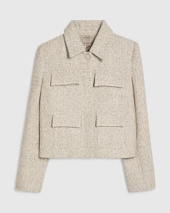 Beige Herringbone Pocket Detail Jacket