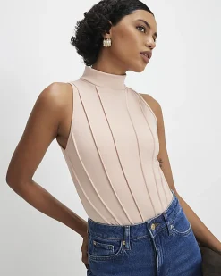 Beige High Neck Seam Trim Bodysuit