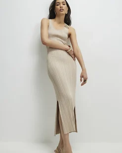 Beige Knitted Ribbed Midi Dress