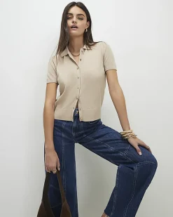 Beige Knitted Short Sleeve Polo Cardigan