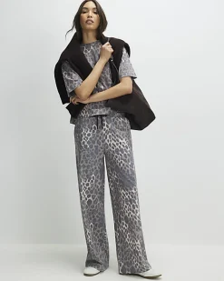 Beige Leopard Drawstring Wide Leg Joggers