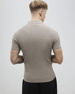 Beige Muscle Fit Rib Polo Shirt