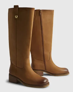Beige Nubuck Leather Knee High Boots