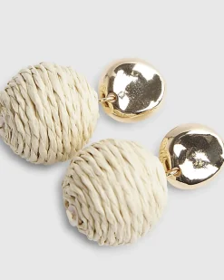Beige Raffia Bead Ball Stud Earrings