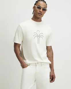 Beige Regular Fit Cutwork Palm Tree T-Shirt