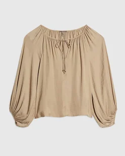 Beige Satin Notch Neck Blouse