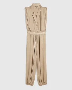 Beige Satin Shoulder Pad Balloon Leg Jumpsuit