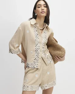 Beige Sequin Embellished Shorts