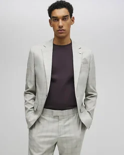 Beige Skinny Fit Stretch Check Suit Jacket