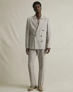 Beige Slim Fit Linen Blend Check Trousers