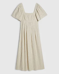 Beige Stripe Linen Blend Shirred Midi Dress