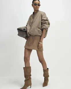 Beige Suede Seam Detail Mini Skirt