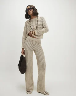 Beige Wide Leg Knitted Trousers