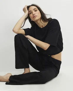 Black Bubble Hem Jersey Loungewear Set