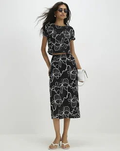 Black Floral Embroidered Midi Skirt