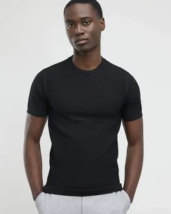 Black Muscle Fit Textured Knit T-shirt