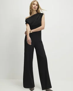 Black Sleeveless Asymmetric Drape Jumpsuit