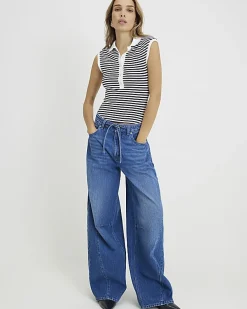 Blue Baggy Wide Leg Tie Waist Jeans