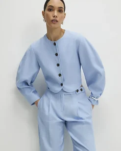 Blue Linen Blend Balloon Sleeve Jacket