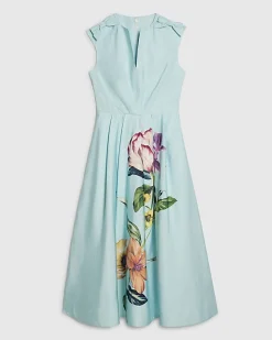 Blue Premium Floral Bow Detail Midi Dress