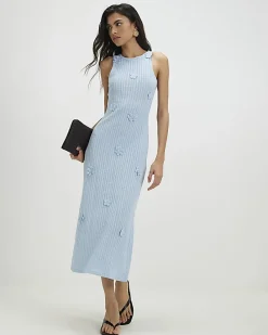 Blue Sleeveless 3D Flower Trim Midi Dress