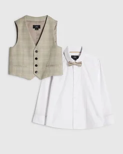Boys Beige Check Waistcoat 3 Piece Set