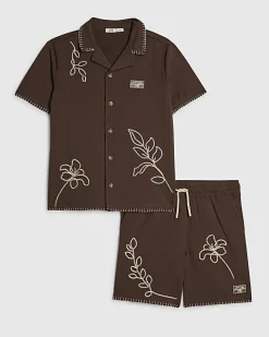Boys Brown Embroidered Floral Swim Set