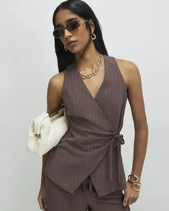 Brown Striped Soft Tie Front Top