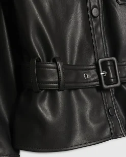Girls Black Faux Leather Belted Jacket