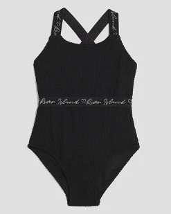 Girls Black Textured Swimsuit