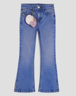 Girls Blue Flared With Pom Jeans