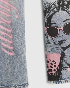 Girls Blue Graffiti Pom Straight Leg Jeans