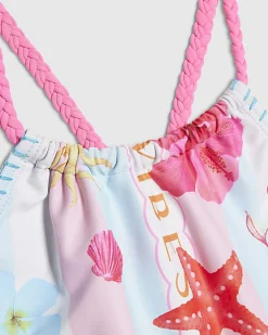 Girls Blue Stripe Beach Print Swimsuit