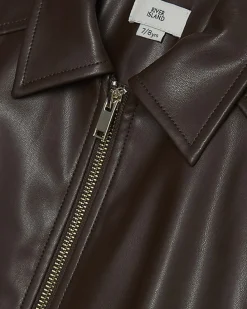 Girls Brown Faux Leather Bomber Jacket