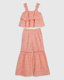 Girls Coral Tiered Broderie Top Set