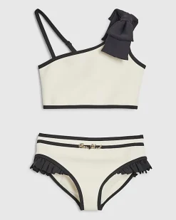 Girls Cream 3D Bow Asymmetric Bikini Set