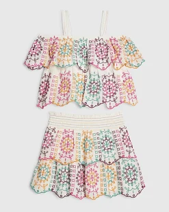 Girls Cream Embroidered Skirt Set