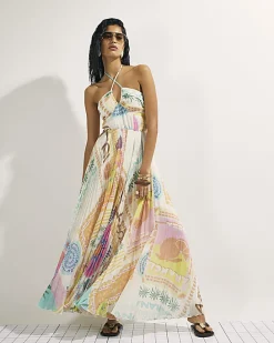 Orange Halter Neck Pleated Maxi Dress