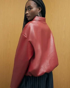 Red Faux Leather Bomber Jacket