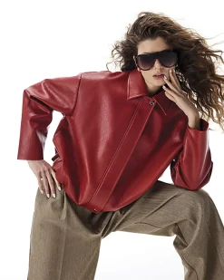 Red Faux Leather Bomber Jacket