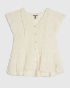 White Beaded Ruffle Smock Blouse